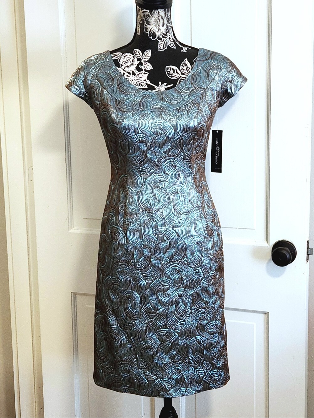 🆕️ 💙Carmen Marc Valvo💙 - Metallic Teal/Bronze Brocade Cap Sleeve Sheath Dress